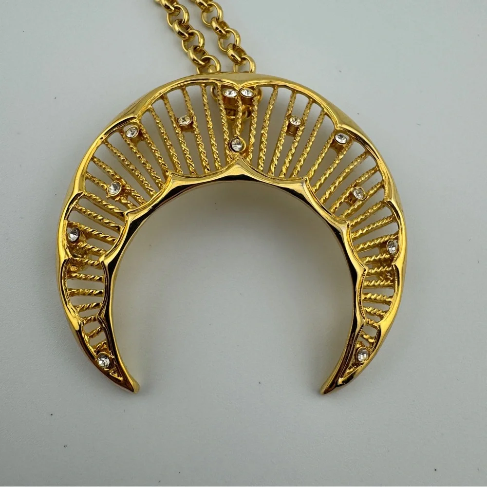 Sparkling Gold Tone Crescent Moon Pendant Necklace | Celestial | Statement - Picture 11 of 11